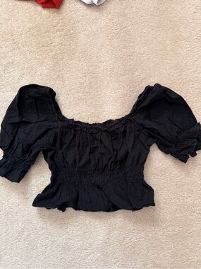 Wet Seal Black Eyelet Puff-Sleeve Smocked Crop Top